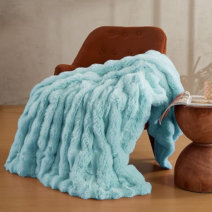 JELLYMONI Faux Fur Throw Blanket, Blue Cozy Plush Bubble Bed Blanket, Thick and Warm, Twin (60" x 80")-Ruum Studio Home