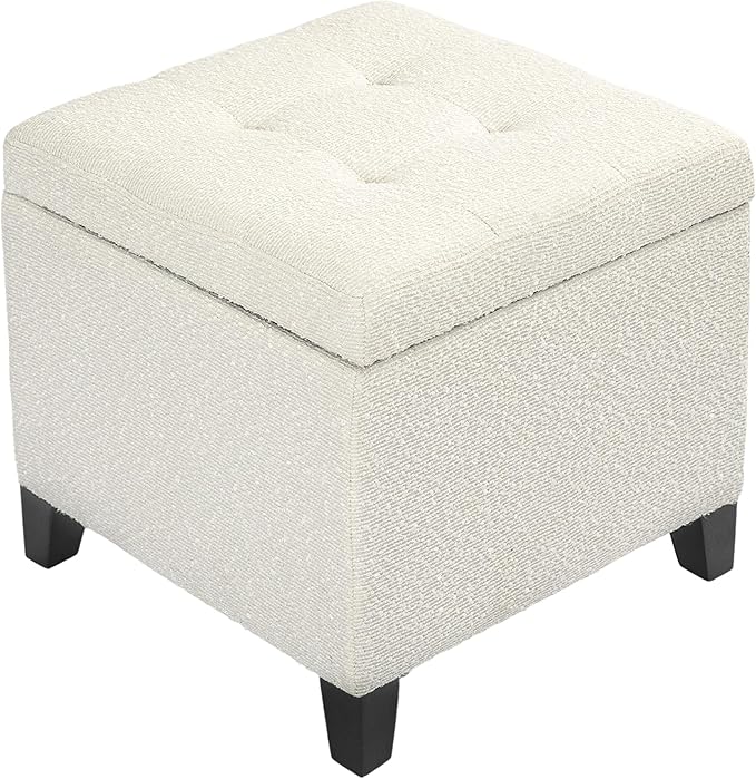 Adeco 18 Inch High Cube Ottoman Storage, Linen Chair Foot Stools, Upholstered Vanity Stool with Hinged Lid, Solid Wood Legs (White Circle Yarn)-Ruum Studio Home