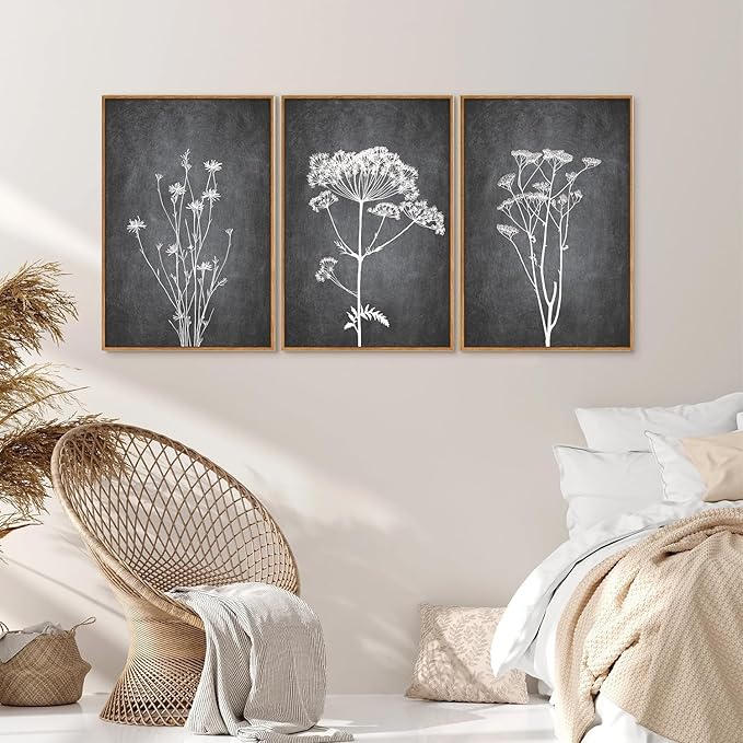 Tinonedraw Black and White Botanical Framed Canvas Wall Art Set, Vintage Floral Wall Decor, Dark Academia Minimalist Plant Art Paintings, Abstract Wildflower Art Print for Living Room Bedroom 16"x24"x3-Ruum Studio Home