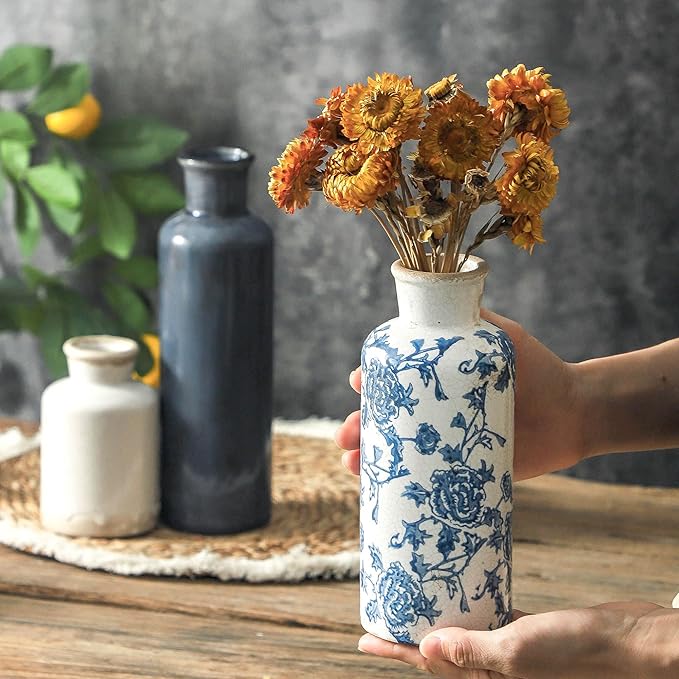 Ceramic Vintage Vases Set of 3, Blue and White Flower Decorative Vase Chinoiserie Decor Rustic Farmhouse Retro Floral Vases for Table Bookshelf Mantel Kitchen Living Room Office-Ruum Studio Home