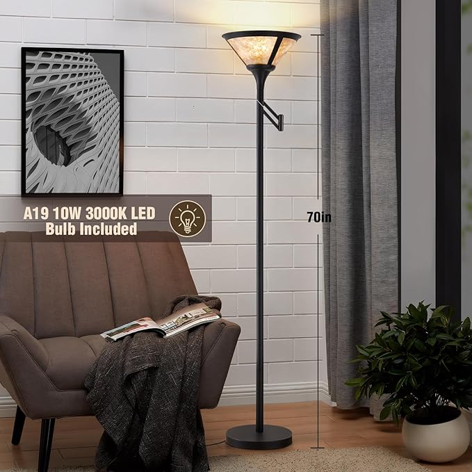 Floor Lamps for Living Room - 70" Black Torchiere Standing Floor Lamp with White Mica Shade - Tall Corner Lamp Decor for Bedroom with Adjustable Swing Arm LED Reading Light for Home Office-Ruum Studio Home