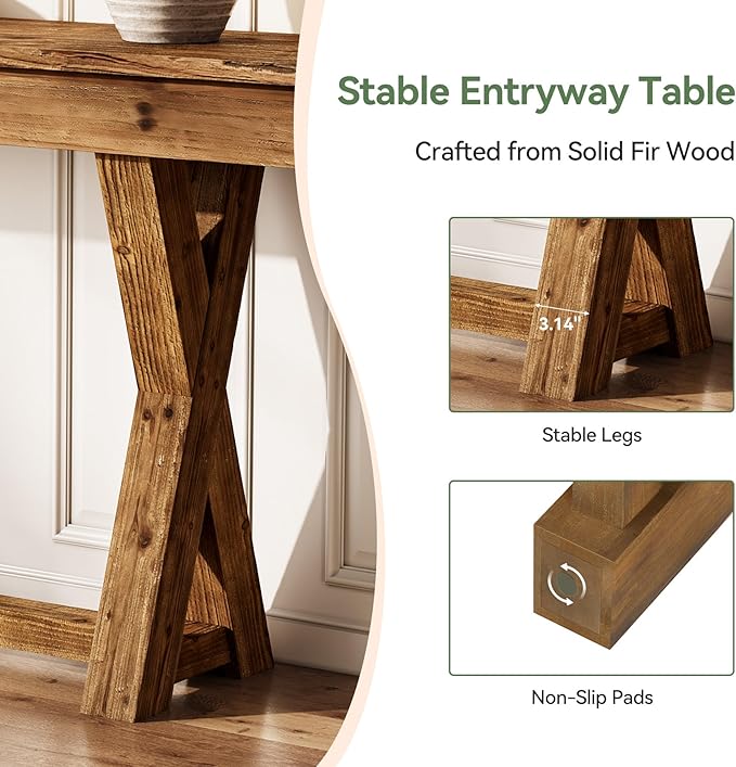 Solid Wood Console Table, 63-Inch Farmhouse Entryway Table with X-Shaped Legs, Real Wood Behind The Couch Table for Living Room, Entrance, Hallway, Easy Assembly-Ruum Studio Home