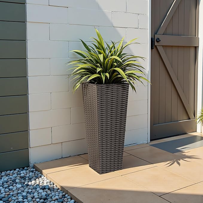 JUMMICO Set of 2 Resin Rattan Tall Planters for Outdoor Plants, Large Tapered Planters with Drainage Holes&Inner Trays, Flower Pots for Garden, Patio, Porch, Backyard (Brown, 24'')-Ruum Studio Home