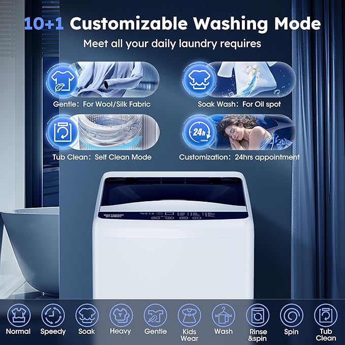 1.0 Cu.ft Portable Washing Machine for Home & Apartment, Full-Automatic Clothes Washer with 6 Water Level & 10 Wash Cycles, Drain Hose Included, White-Ruum Studio Home