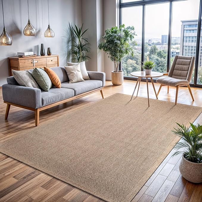 CAMILSON Easy Jute Rug 9x12, Indoor Outdoor Natural Color Fiber Area Rugs for Living Room and Patio Rug Herringbone Seagrass Boho Woven Design Easy-Cleaning Washable Outside Carpet Alfombras 9 x 12-Ruum Studio Home