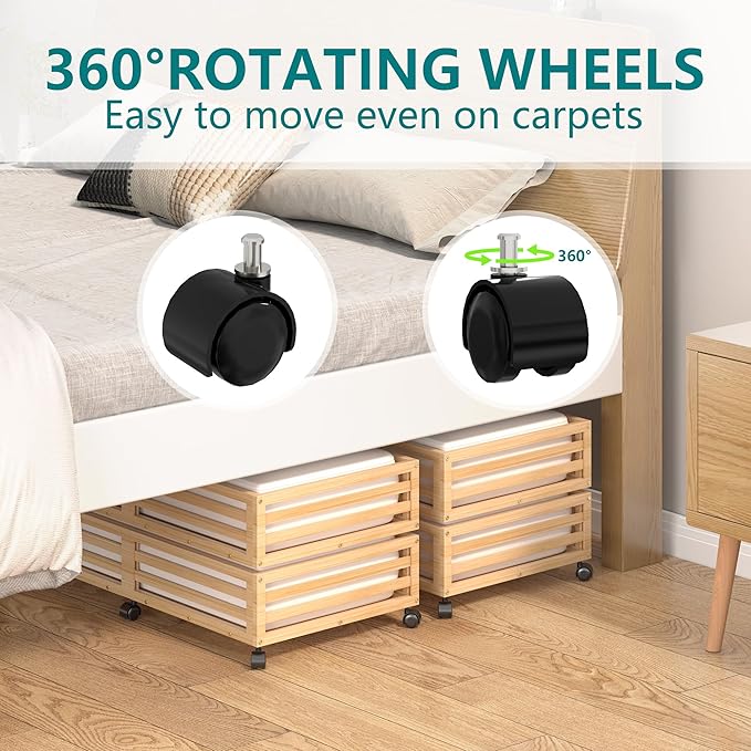Bamboo Under Bed Storage Containers- Underbed Organizer with Wheels with Large Dust Bag,Sturdy Wood Rolling Under the Bed Shoe Storage Organizer Drawer 2 Packs (Nature, Long)-Ruum Studio Home