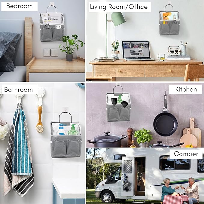 3pcs Small Wall Hanging Organizer Bag, Linen Fabric Door Hanging Storage Basket with Pockets, Waterproof Bin for Kitchen, Bedroom, Office, RV Camper (Gray)-Ruum Studio Home