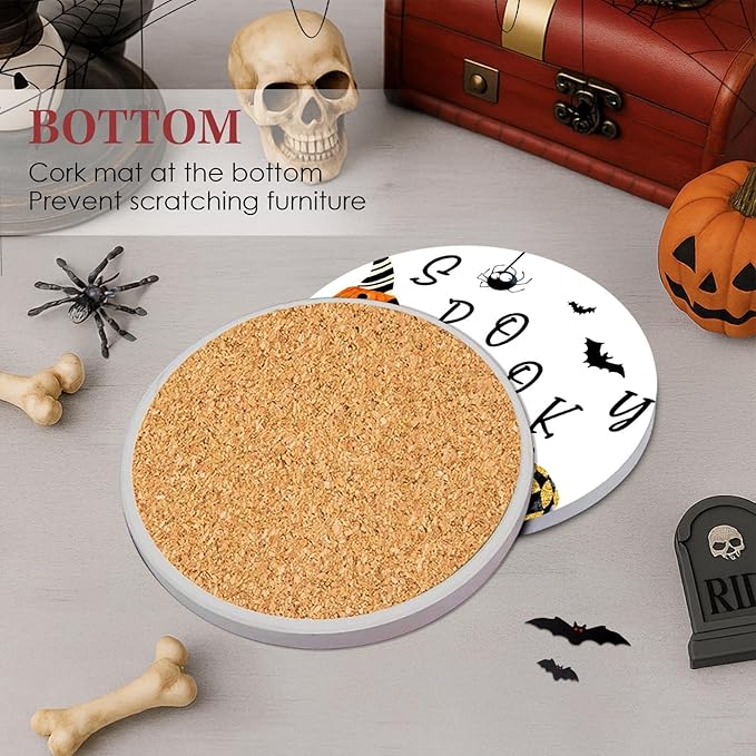 Coaster for Drinks Set of 6, Halloween Boo Black Cat Trick or Treat Spooky Pumpkin Bat Absorbent Round Ceramic Stone Mat, with Cork Base and Metal Holder, Gift for Housewarming Room Bar Decor-Ruum Studio Home