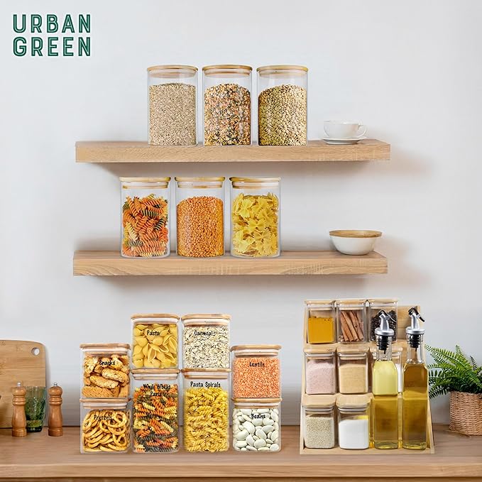 Urban Green Glass Jars with Airtight Lids, Airtight Glass Canisters with Locking Lids, (Bamboo-6P-26oz)-Ruum Studio Home