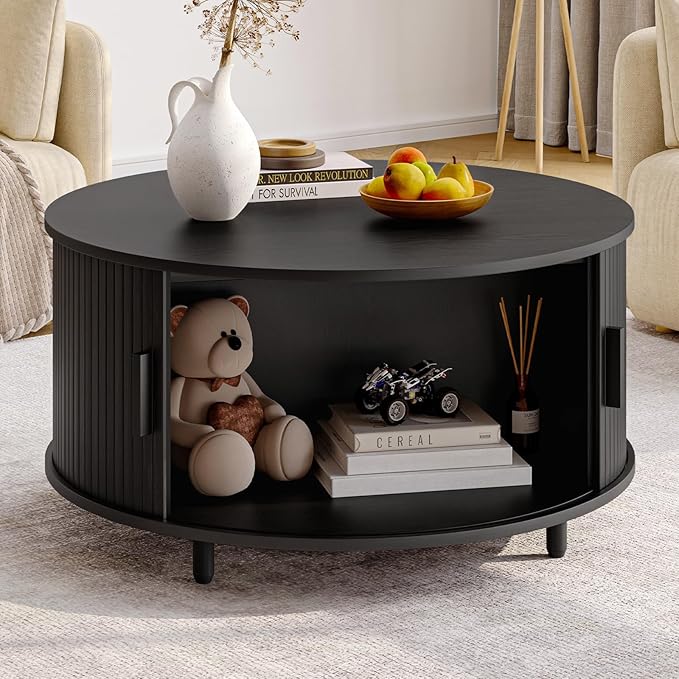 Round Coffee Table with Storage, 31.5" Modern Coffee Table with 360° Curved Sliding Door, Fluted Wood Accent Coffee Table with Adjustable Footpads, Round Center Table for Living Room, Black-Ruum Studio Home