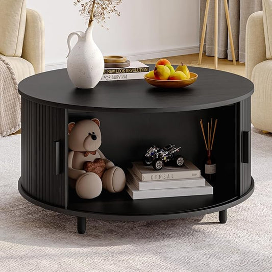 Round Coffee Table with Storage, 31.5" Modern Coffee Table with 360° Curved Sliding Door, Fluted Wood Accent Coffee Table with Adjustable Footpads, Round Center Table for Living Room, Black-Ruum Studio Home