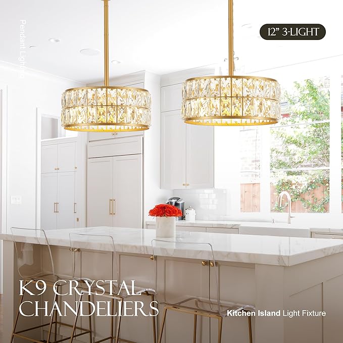 12” 3-Light Modern Crystal Chandeliers Gold Dinning Room Light Fixture, Round Pendant Light Kitchen Island Chandelier, Flush Mount Ceiling Light for Living Room Entryway Bedroom Foyer-Ruum Studio Home