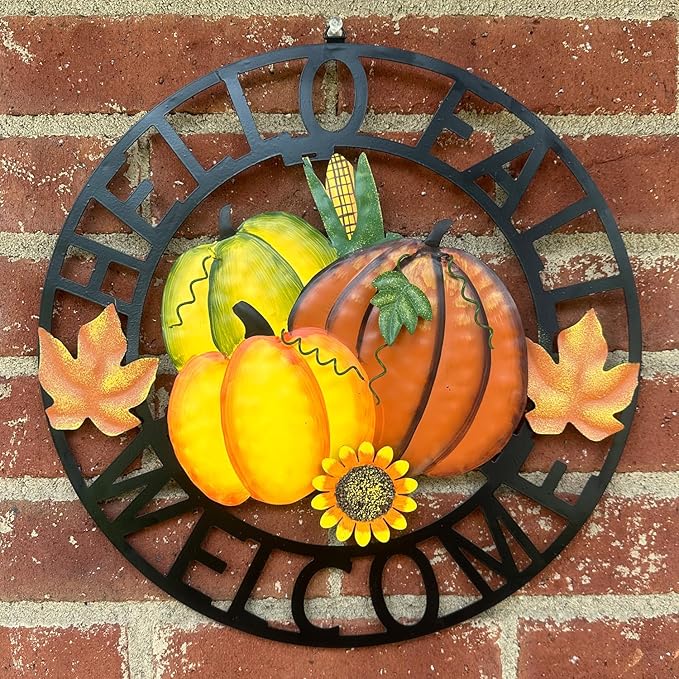 Metal Hanging Pumpkin Hello Fall Welcome Wreath Autumn Fall Harvest Decor for Front Door, Rustic Farmhouse Seasonal Thanksgiving Halloween Decoration-13''H-Ruum Studio Home