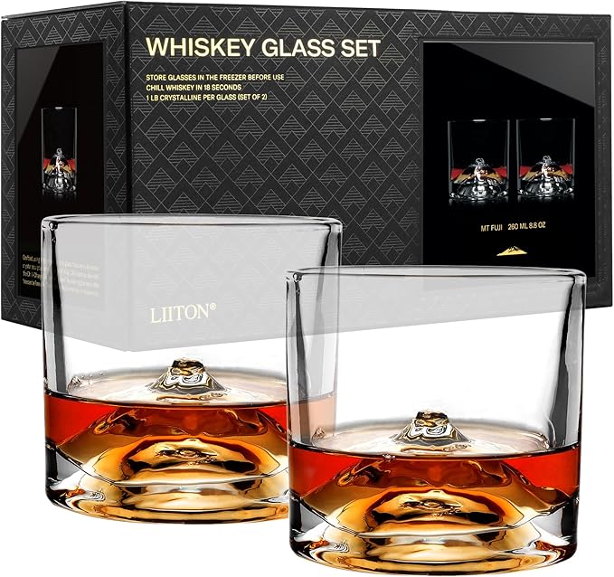 Mount Fuji Heavy Crystal Whiskey Glasses Gift Set of 2, Thick Freezable Bourbon Glass 1lb Each, Premium Whiskey Gifts for Men, Frozen Crystal Chills Cocktails, 10 oz-Ruum Studio Home