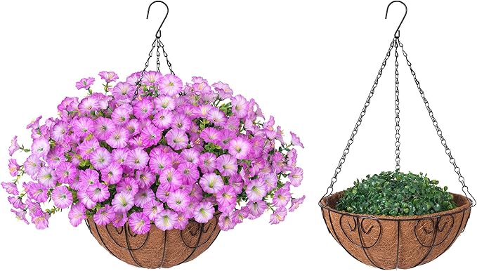 Artificial Faux Hanging Plants Flowers Basket for Outdoor Outside Spring Summer Decoration, Silk Purple Morning Glory in Planter UV Resistant Look Real Fake Flowers for Porch Patio Balcony Home Yard-Ruum Studio Home