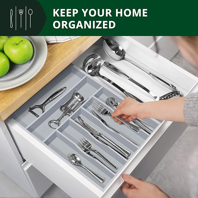 ROYAL CRAFT WOOD Luxury Bamboo Kitchen Drawer Organizer - Silverware Organizer - Utensil Holder and Cutlery Tray with Grooved Drawer Dividers for Flatware and Kitchen Utensils (7 Slot, Gray)-Ruum Studio Home