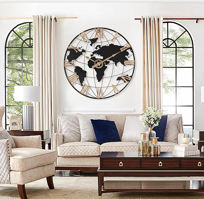 24 Inch Large Wall Clock for Living Room Decor,Big Modern Decorative Silent World Map Metal Wall Clock with Vintage Gold Roman Numeral for Office,Living Room,Kitchen,Dining Room-Ruum Studio Home