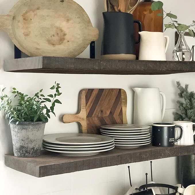 Floating Shelves, 8 Inch Deep Rustic Solid Reclaimed Wood Wall Shelves for Storage, Wall Mounted Display Shelving with Invisible Heavy-Duty Metal Bracket, 24 Inch Width Set of 2, Cement Grey-Ruum Studio Home