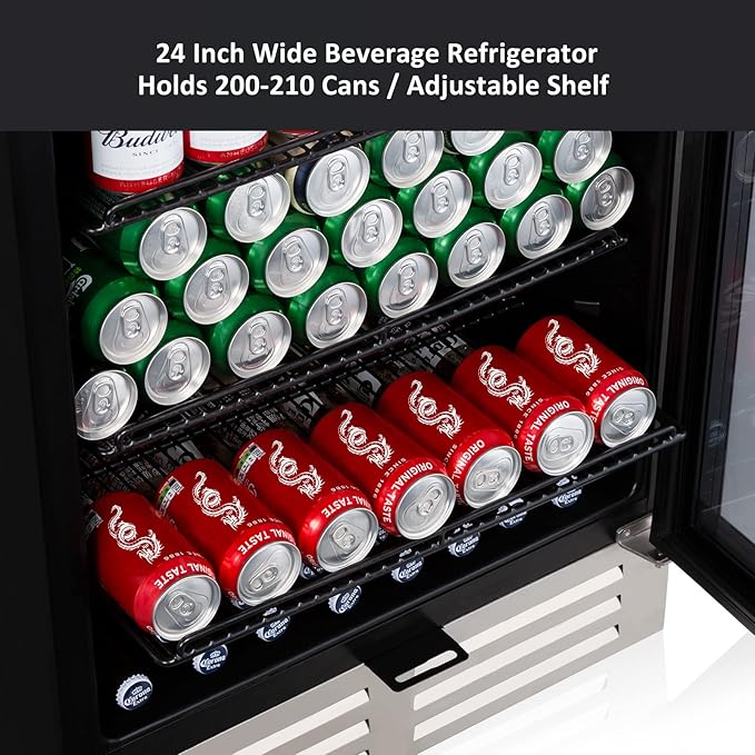 24 Inch Beverage Refrigerator Cooler,210 Cans Wide Beverage and Beer Fridge with Glass Door and Powerful Cooling Compressor, Built-in/Freestanding Drink Fridge for Kitchen, Bar or Office-Ruum Studio Home