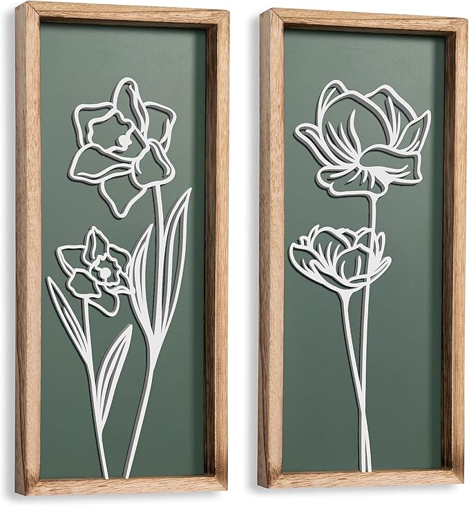 3D Floral Green Wall Art (Set of 2) Lightweight, Wooden Ready-to-Hang Boho Framed Wall Art for Bathroom, Bedroom, Living Room or Office – Premium Sage Green Farmhouse Decor – Gift-Boxed-Ruum Studio Home