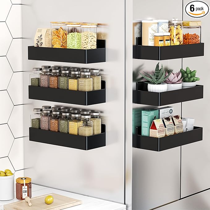 Magnetic Spice Rack for Refrigerator, Kitchen Organizer and Storage Shelf, Black (6 Pack)…-Ruum Studio Home