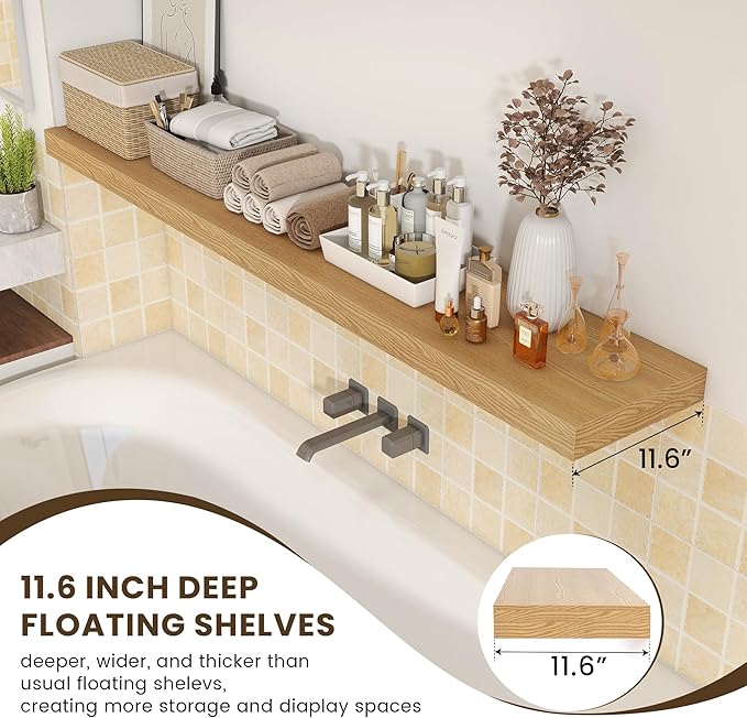 Deep Floating Shelves for Wall - 72 Inch Wide x 12 Inch Deep Wall Shelves Set of 1 - Rustic Oak Color Wood Shelves for Living Room, Bathroom, Laundry Room, Bedroom, Kitchen, Home Office-Ruum Studio Home