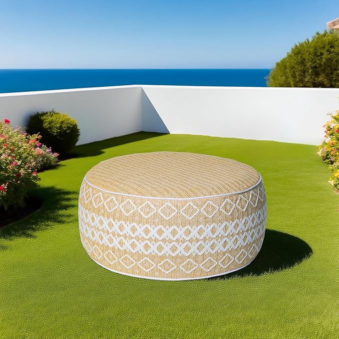 Outdoor Inflatable Ottoman with Air Pump, Embroidery Patio Footrest Stool D21”x H9”, Round Pouf Ottoman with Portable Handle Suitable for Garden, Camping, Bedroom, Living Room-Ruum Studio Home