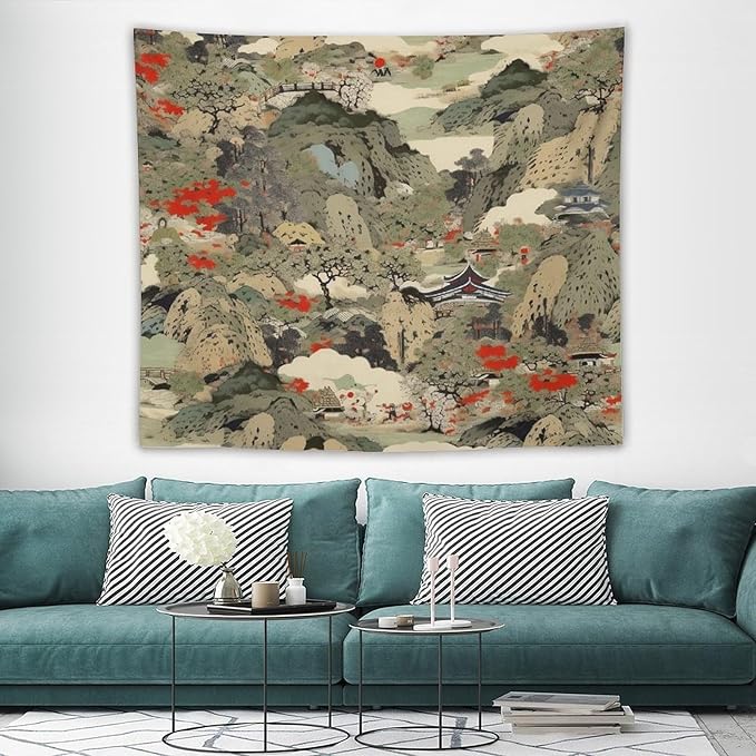 Asian Tapestry,Japanese Red Landscape Asian Watercolor Abstract Art Tapestry, Asian Japanese Wall Tapestry, Nature Landscape Tapestries for Bedroom Living Room Decor 60"x50"-Ruum Studio Home