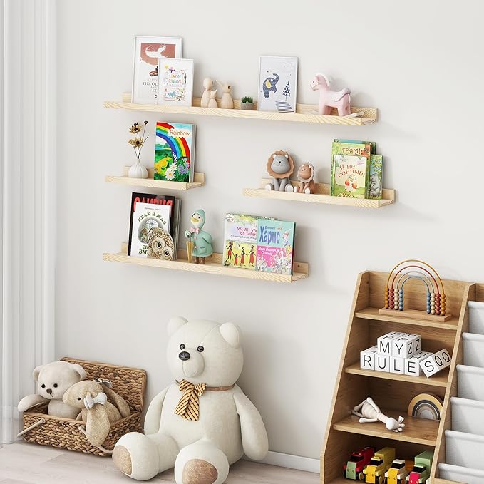Picture Ledge Shelf for Wall, 24 inch Solid Pine Wood Nursery Book Shelves 2 Packs, Floating Ledge Shelves for Kids' Room Bedroom Bathroom Living Room Photo Frames Office Nursey Wall Decor, Natural-Ruum Studio Home