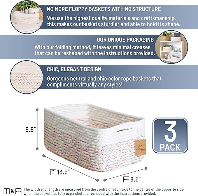 NaturalCozy 13.5”x8.5”x5.5” Rectangle Storage Baskets for Shelves 3 Pack | Cotton Rope Woven Small Baskets for Organizing | Small Storage Bins for Nursery, Bathroom, Closet, Shelf, Decorative-Ruum Studio Home