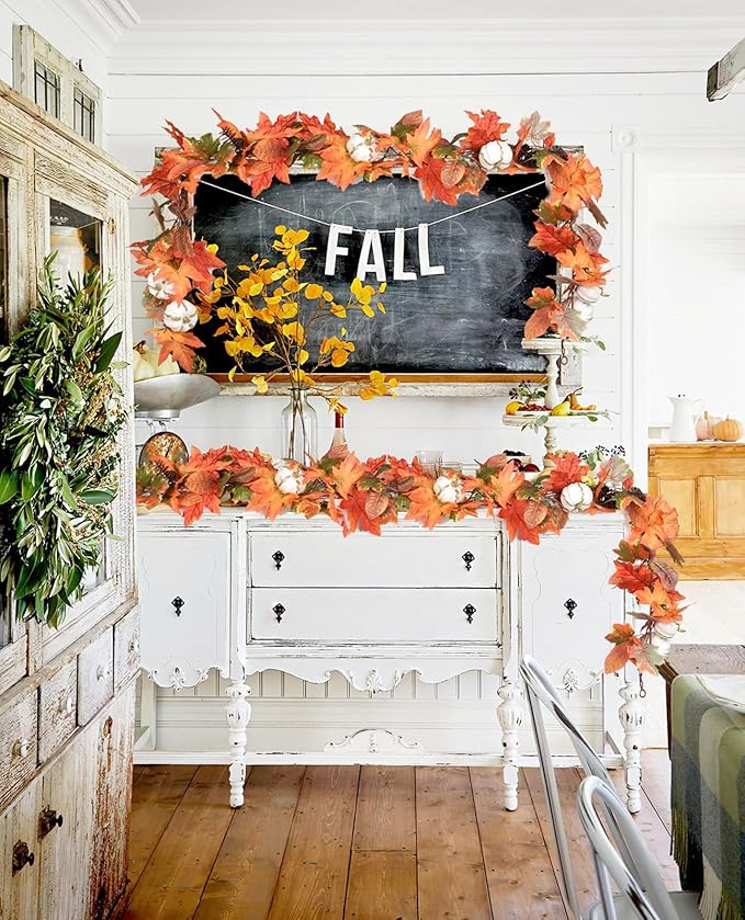 DearHouse 6ft Pumpkin Fall Maple Leaves Garland - Artificial Autumn Foliage Hanging Vine for Thanksgiving, Home, Wedding, Fireplace, Party, Christmas Decor (Orange & Brown)-Ruum Studio Home