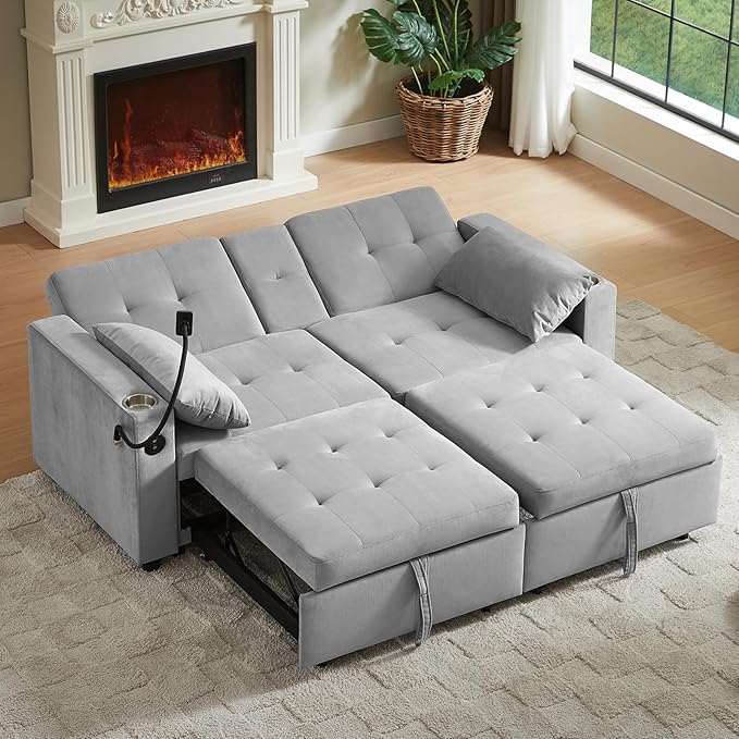 70" Queen Size Sofa Bed for Living Room – Pull-Out Sleeper Sofa Couch with Cup Holder, Phone Holder, USB Charging Port, Solid Wood Frame, Easy Assembly, Space-Saving Design for Small Apartments-Ruum Studio Home