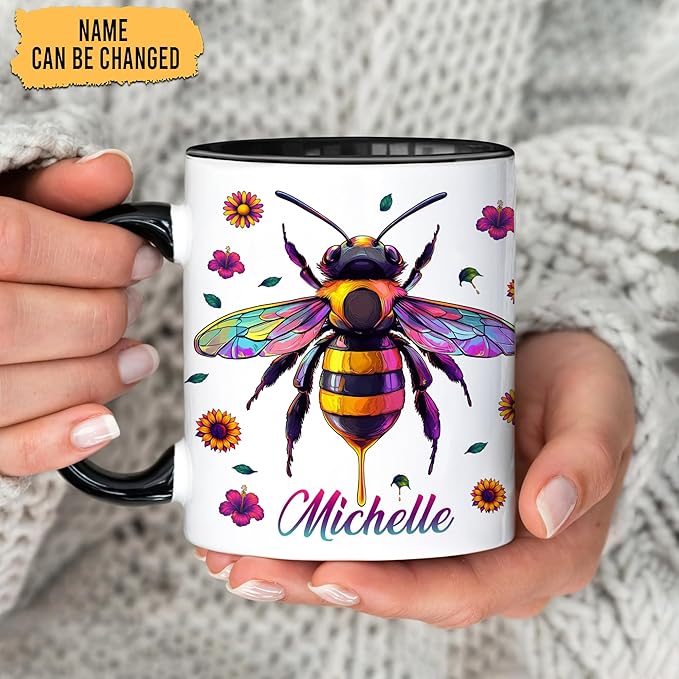 Hyturtle Personalized Colorful Bee Mug - Bee Keeper Gifts For Women Lovers Teacher - Honey Gifts For Beekeeper Farmer On Birthday - Queen Honeycomb Decor - Custom Coffee Cup Ceramic Mug 11 Oz 15 Oz-Ruum Studio Home