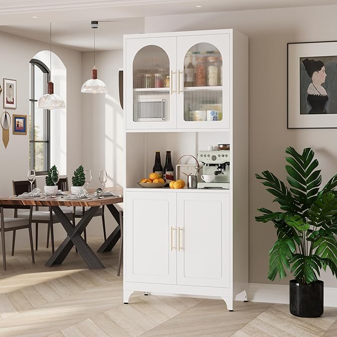 75" Tall Kitchen Pantry Cabinet, Metal Storage Cabinets with Acrylic Doors and Adjustable Shelves, Hutch Cabinet with Storage, White Microwave Stand Cabinets for Dining Living Room-Ruum Studio Home