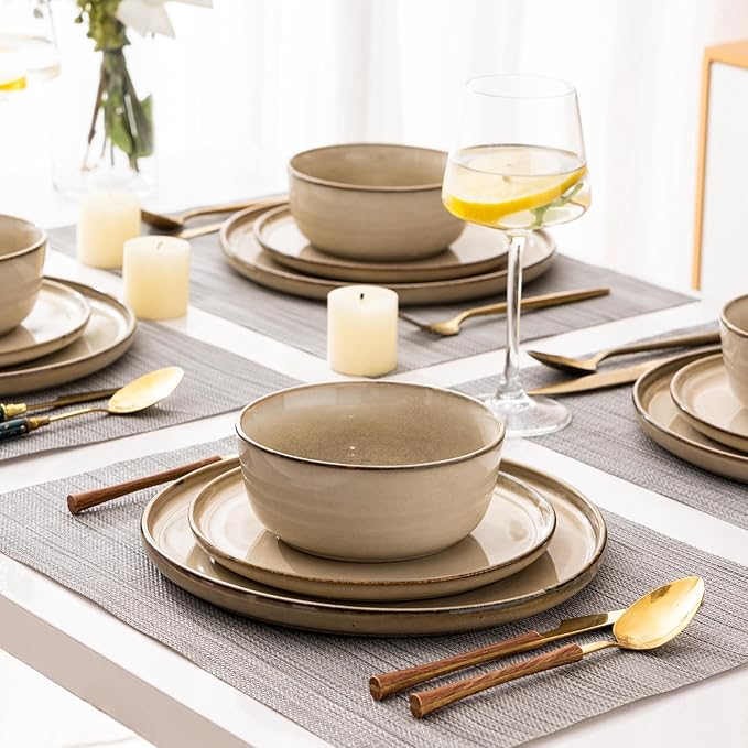GBHOME Ceramic Dinnerware Sets for 4, 12 Pieces Stoneware Plates and Bowls Sets, Scratch Resistant Dishes, Dishwasher & Microwave Safe, Reactive Glaze-Cappuccino-Ruum Studio Home