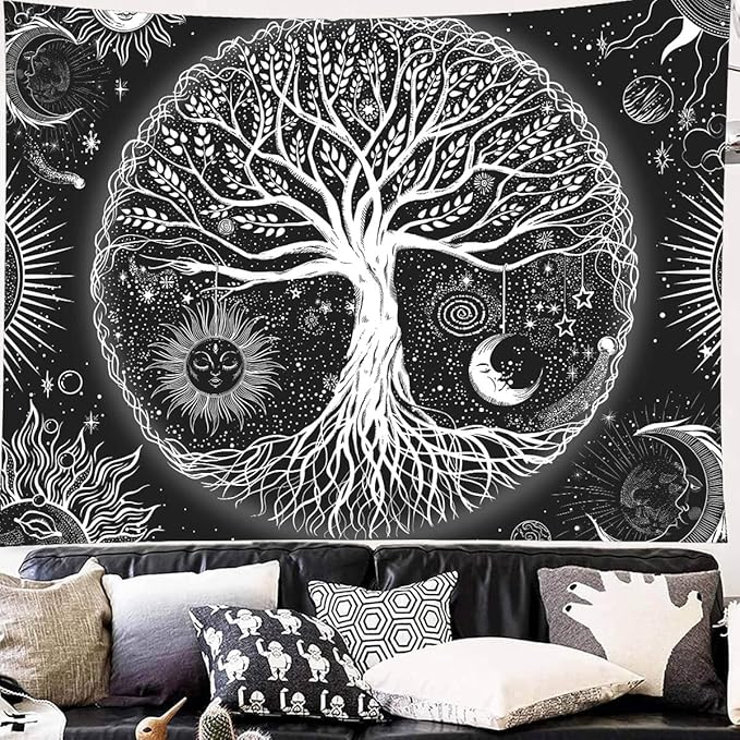 FORATER Tree of Life Tapestry Wall Hanging, Sun and Moon Aesthetic Wall Tapestry Black and White Tapestries Home Decor for Living Room Bedroom(53 x 61 Inch, Black and White)-Ruum Studio Home