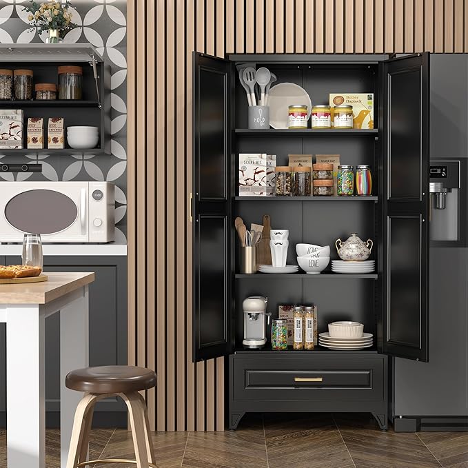75" Kitchen Pantry Cabinet with Drawer, Metal Storage Cabinets with Doors and 4 Adjustable Shelves,Black Kitchen Cabinet with 2 Gold Handles,Food Cupboard for Livingroom,Pantry-Ruum Studio Home