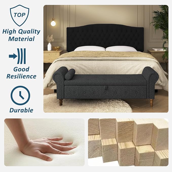 Storage Ottoman Bench for Bedroom, 63" End of Bed Bench with Rolled Arms Upholstered Ottoman Bench Fit for Bedroom, Living Room, Entryway, Linen Dark Gray-Ruum Studio Home