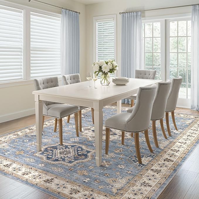 Washable Area Rugs for Living Room - 5x7 Neutral Vintage Distressed Floral Farmhouse Boho Large Soft Floor Rug Indoor Non Slip Carpet for Living Room Bedroom Dining Room Office - Blue-Ruum Studio Home