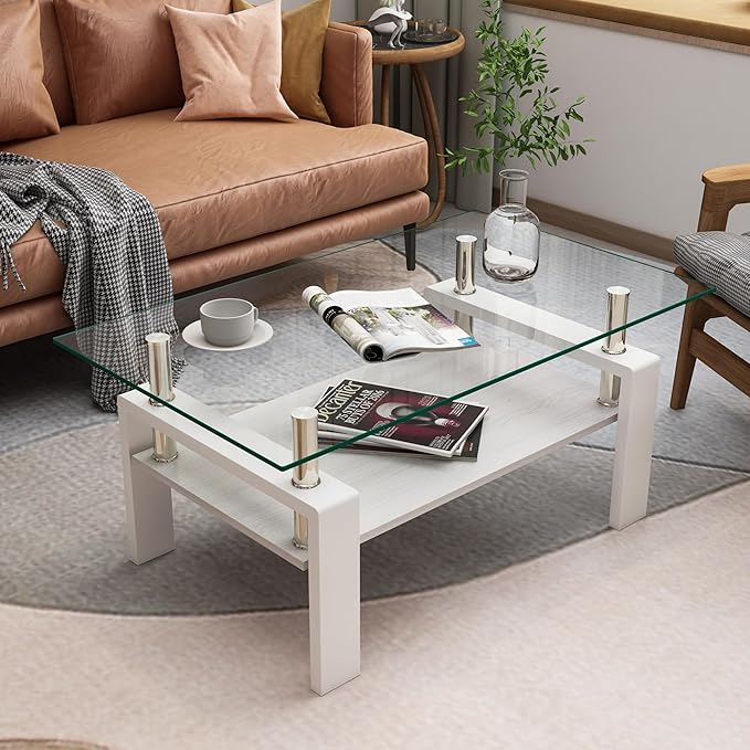 Glass Coffee Table Rectangle Living Room Center Table, with Transparent Tempered Glass Tabletop and White MDF Layer,for Living Room and Office, Transparent +White-Ruum Studio Home