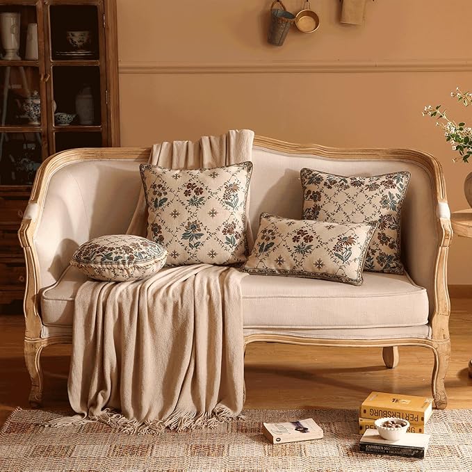 patdrea Designer Throw Pillow Covers Set of 4,Euro Vintage Light Brown Linen with Floral Collection Pattern Pillow Cover,Decorative Square Lumbar Round Pillowcases Cushion for Bed Living Room Car-Ruum Studio Home