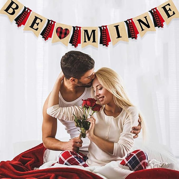 Valentine’s Day Party Decorations Be Mine Felt Sign Burlap Pennant Banner Flag Heart with Black Red Buffalo Plaid Fabric Ribbon for Valentine’s Day Wedding Birthday Party Supplies-Ruum Studio Home