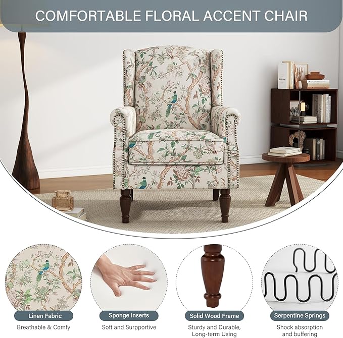 UIXE High Back Accent Chairs Set of 2, Fabric Upholstered Armchair for Living Room, Retro Printed Wingback Arm Chair Rivet Trimed Single Sofa Bedroom Reading Seat - Bird Floral-Ruum Studio Home