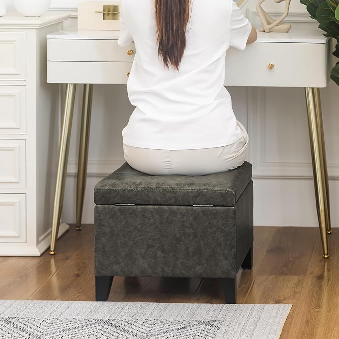 Adeco Faux Leather Storage Ottoman Bench with Wood Legs, 17.7" Square Mixed Grey PU Cube Foot Stool, Upholstered Button Tufted Vanity Chair with Hinged Lid for Living Room, Bedroom, Dorm-Ruum Studio Home