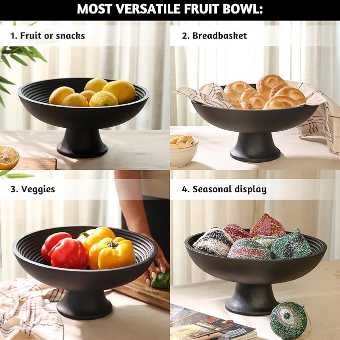 Folkulture Wooden Fruit Bowl for Kitchen Counter | 12" Large Premium Eco Friendly Banana Fruit Basket for Kitchen | Black Wood Bowl with Holder, Pedestal for Table Decor, Centerpiece for Dining Table-Ruum Studio Home
