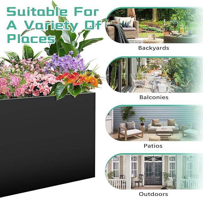 Metal Rectangular Planter Box, Large Planter Boxes Outdoor, 37''L x 13''W x 26''H Heavy Duty Plant Box with Removable Insert Shelf, 3 Tier Adjustable Height Tall Garden Planter for Plants, Flowers-Ruum Studio Home