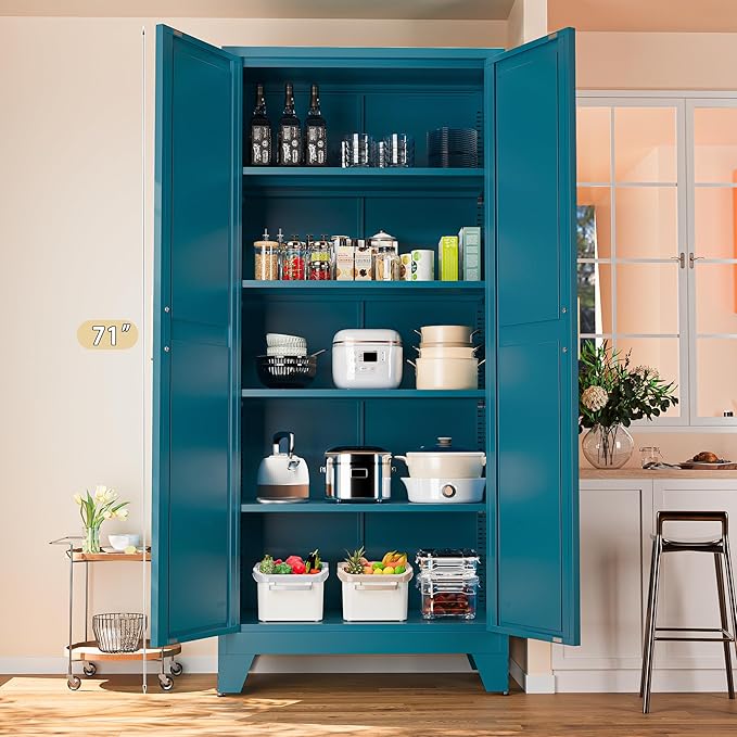71'' Farmhouse Metal Storage Cabinet with Barn Doors,Steel File Cabinet for Home Office,Kitchen Pantry 4 Adjustable Shelves,Freestanding Cupboard for Kitchen,Home Office (Peacock Blue)-Ruum Studio Home