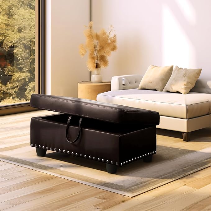Ottoman Rectangular Storage Ottoman Bench, Faux Leather Footrest, Coffee Table, Stool Footstool with Hinged Lid for Living Room, Bedroom, Entryway, Brown, 28.5"x19"x17.5"-Ruum Studio Home