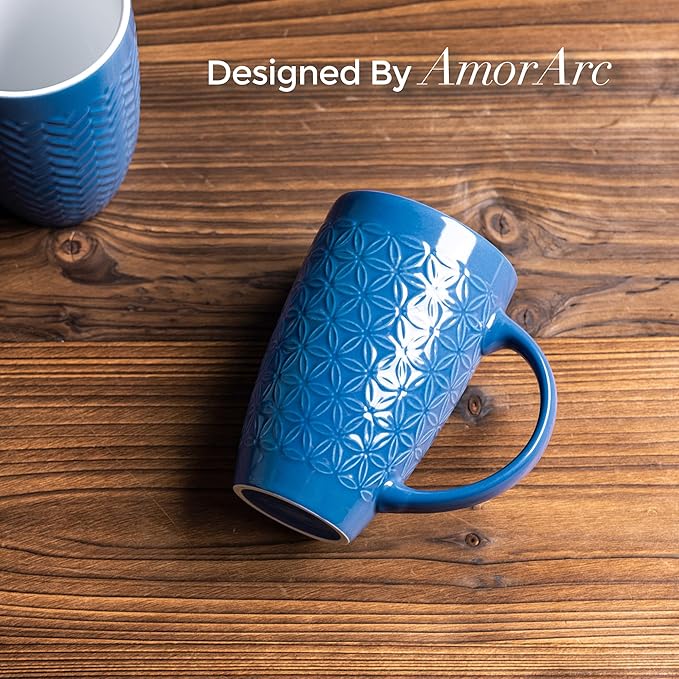 AmorArc Extra Large Coffee Mugs Set of 6, 20oz Ceramic Tall Coffee Mugs Set with Textured Geometric Patterns for Latte/Tea/Beer/Hot Cocoa, Dishwasher & Microwave Safe, Blue-Ruum Studio Home
