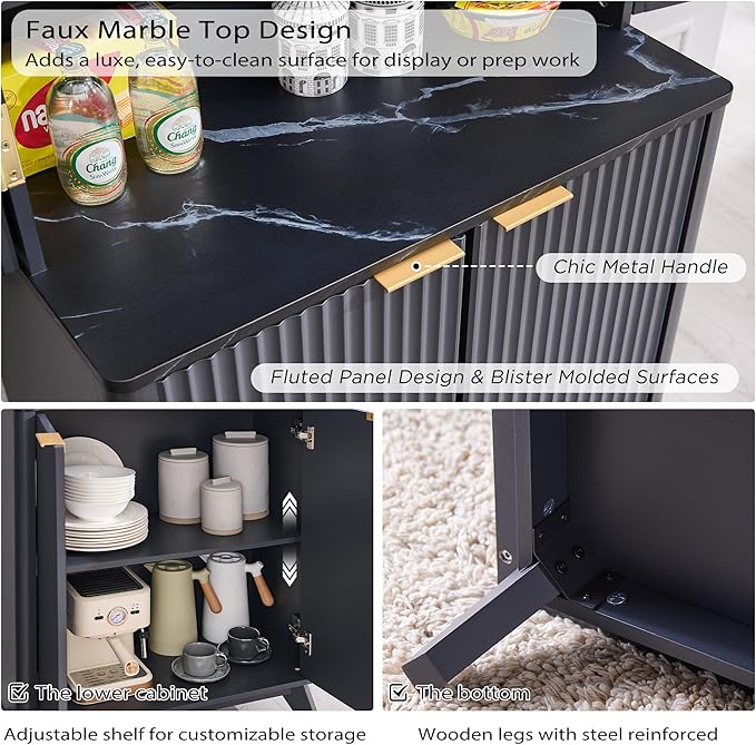 OKD Fluted Kitchen Pantry, 72" Tall Mid Century Modern Storage Cabinet with Adjustable Shelves & Door Organizer, Wood Cabinet for Kitchen, Living Room, Dark Grey-Ruum Studio Home